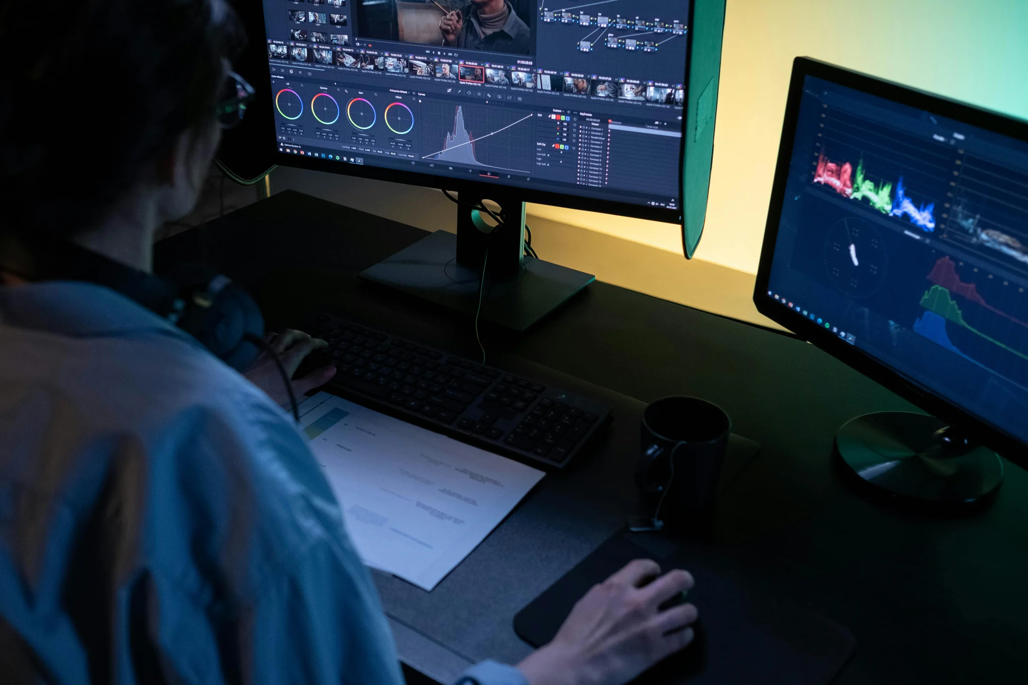 Professional video editing workspace with creative production tools